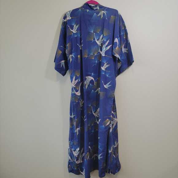 90s Era Cotton Blue Crane Lightweight Loungewear Robe - Picture 2 of 8